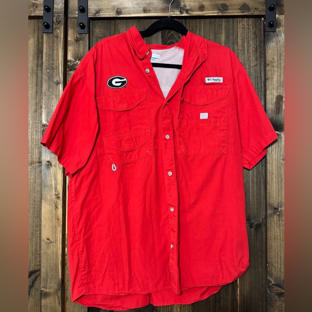 UGA Columbia Men's Bright Red Casual Button Down Shirt